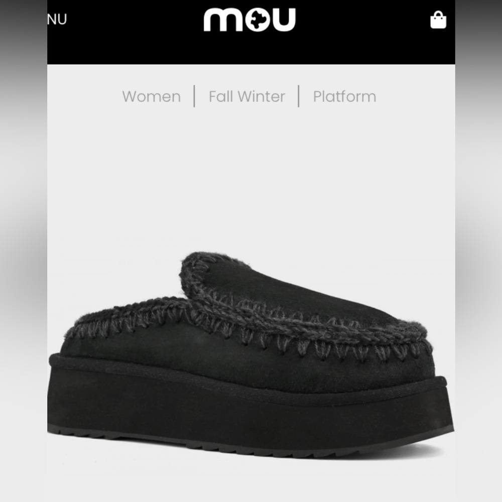 New! Mou Clog Eskimo Suede Platform Black with cream Contrast Wool Stitching 8